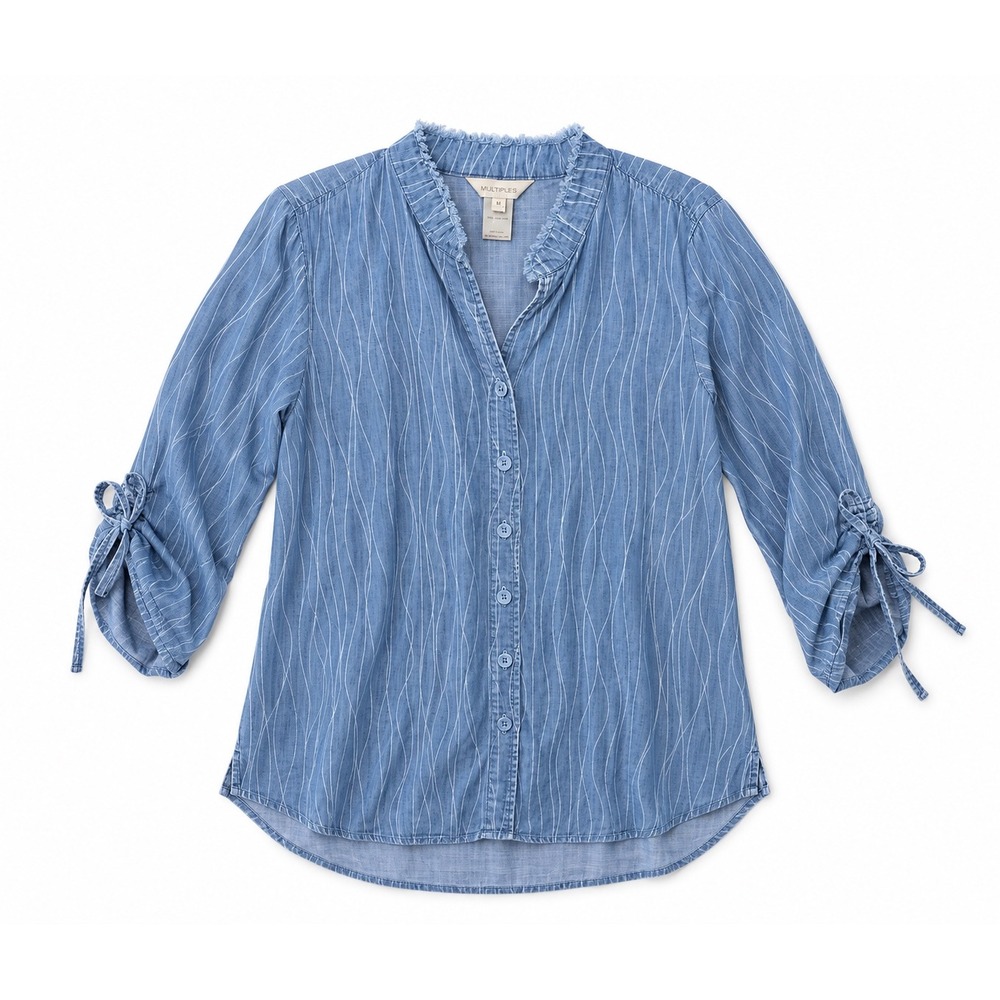 Multiples Blue Denim Wavy Stripe Ruffle Neck Tie Sleeve Blouse Medium